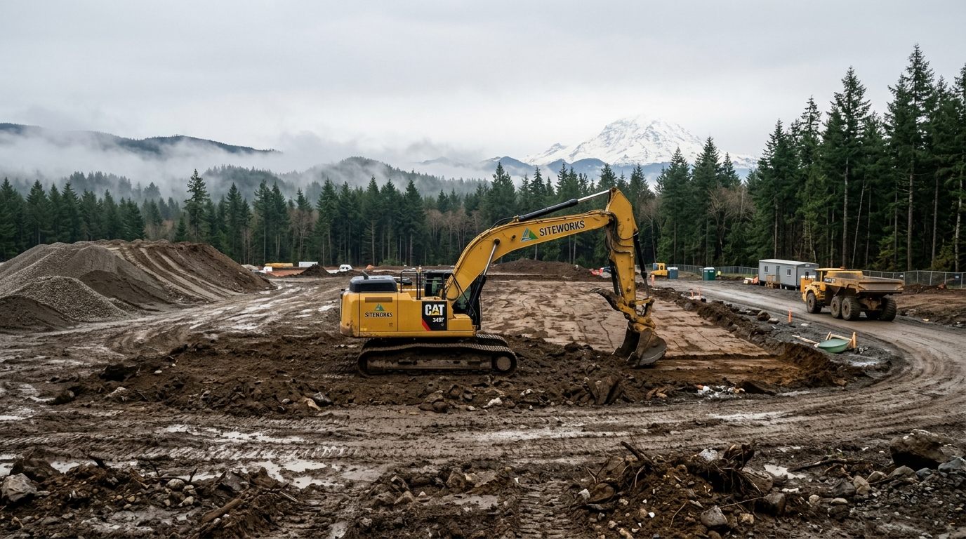 Excavator cutting a building pad on a cleared site with Mount Rainier in the distance