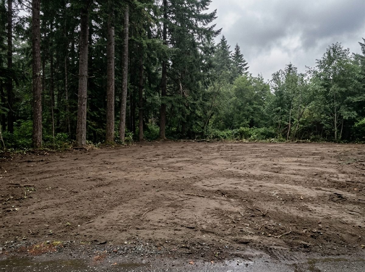Cleared lot with smooth bare dirt and intact treeline