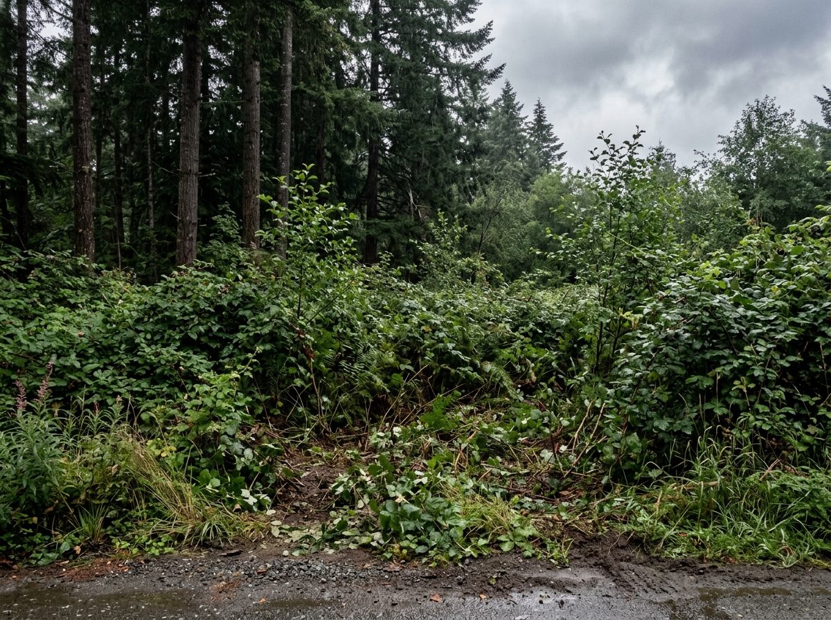 Densely overgrown lot with brush and blackberry thickets