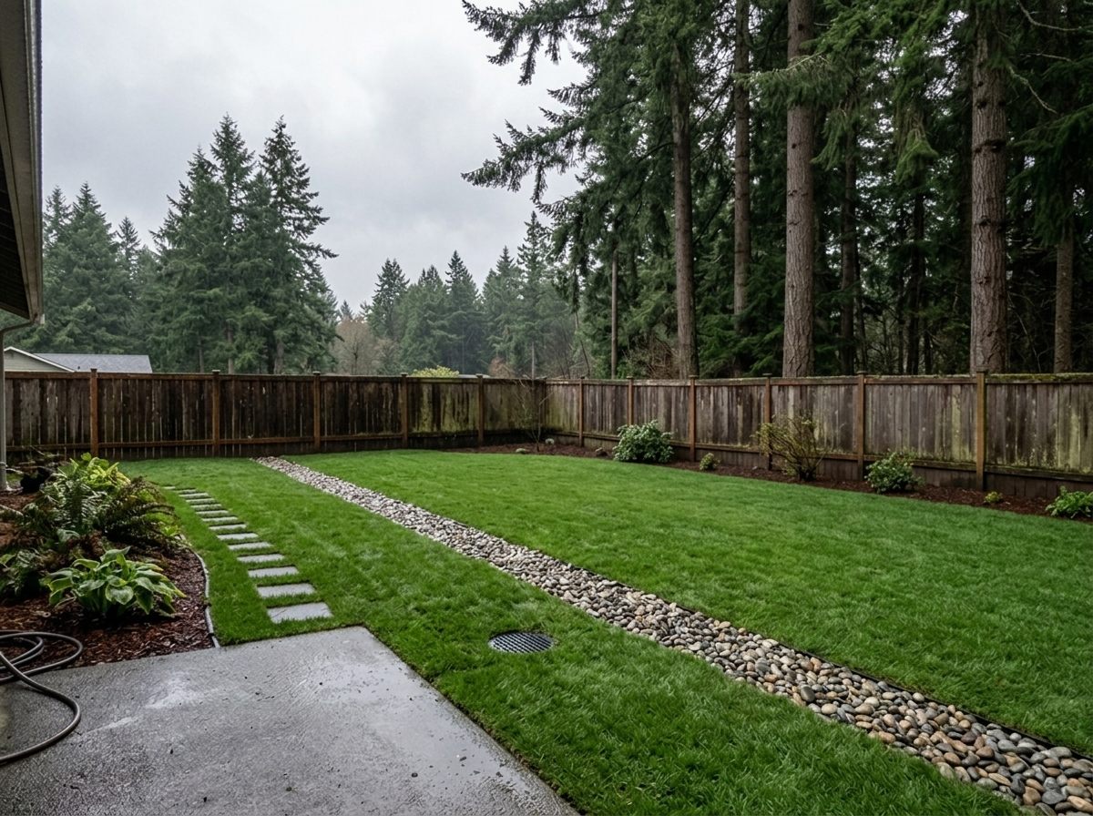 Dry healthy lawn with new french drain and catch basin
