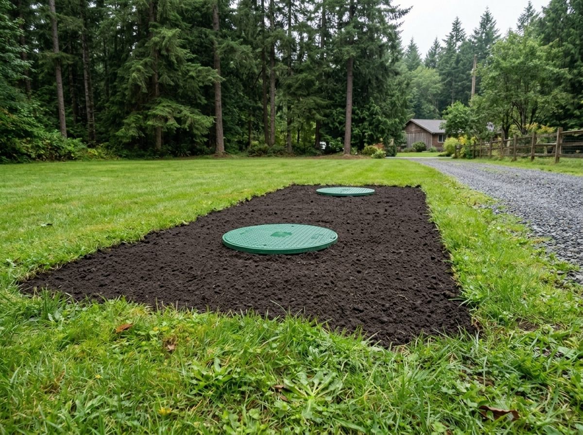 Repaired drainfield with fresh grass and septic riser lids at grade