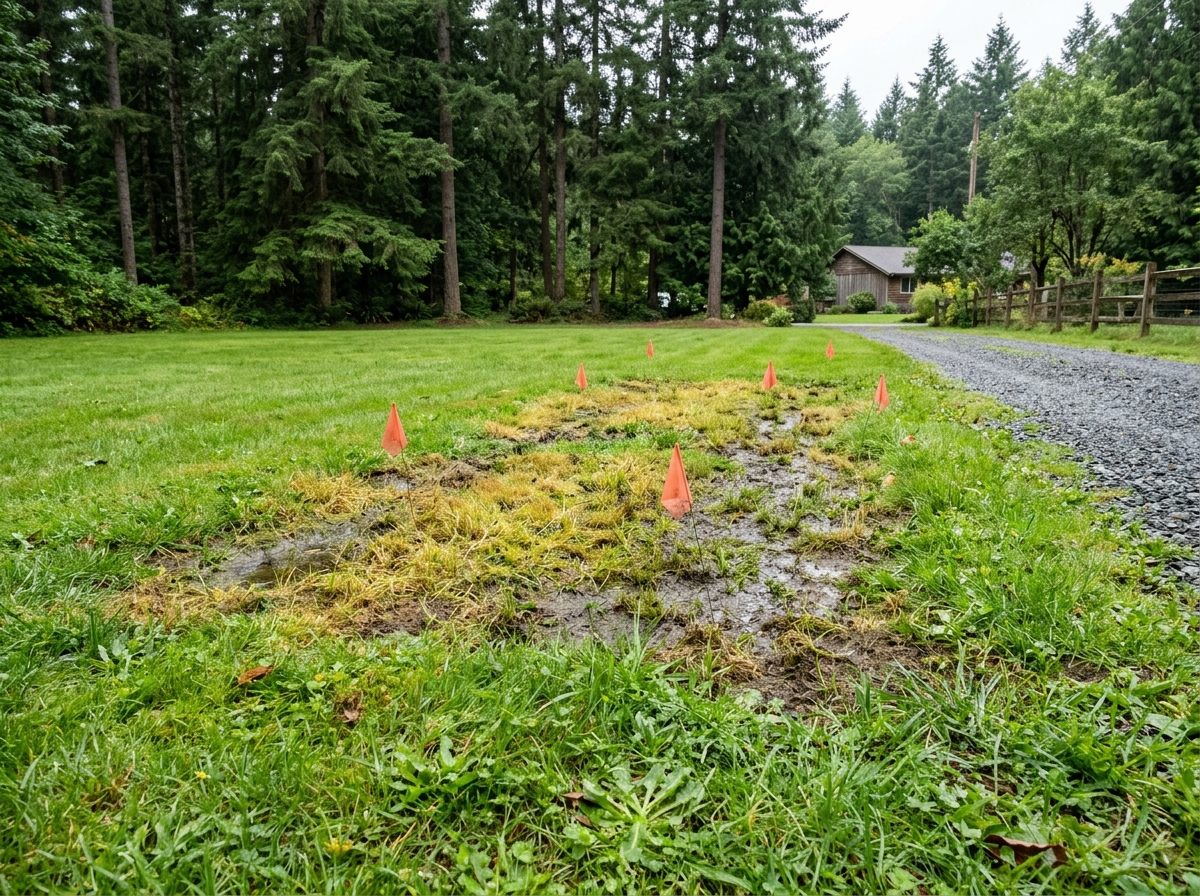 Soggy sunken patch of failing septic drainfield with marking flags