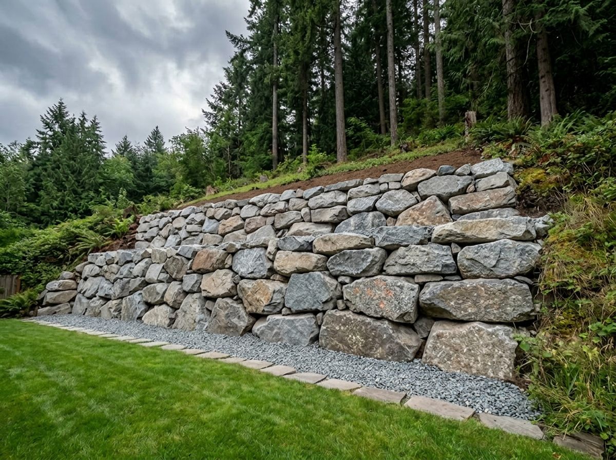 New rockery boulder retaining wall holding back the slope
