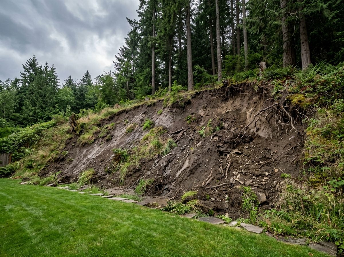 Eroding dirt slope with exposed roots behind a home
