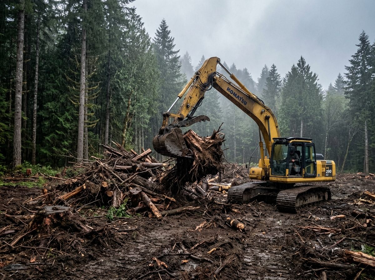 Excavator clearing stumps on a wooded lot