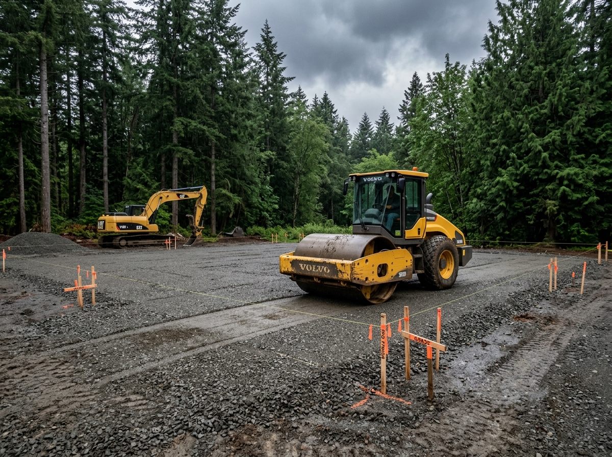 Roller compacting a graded gravel pad