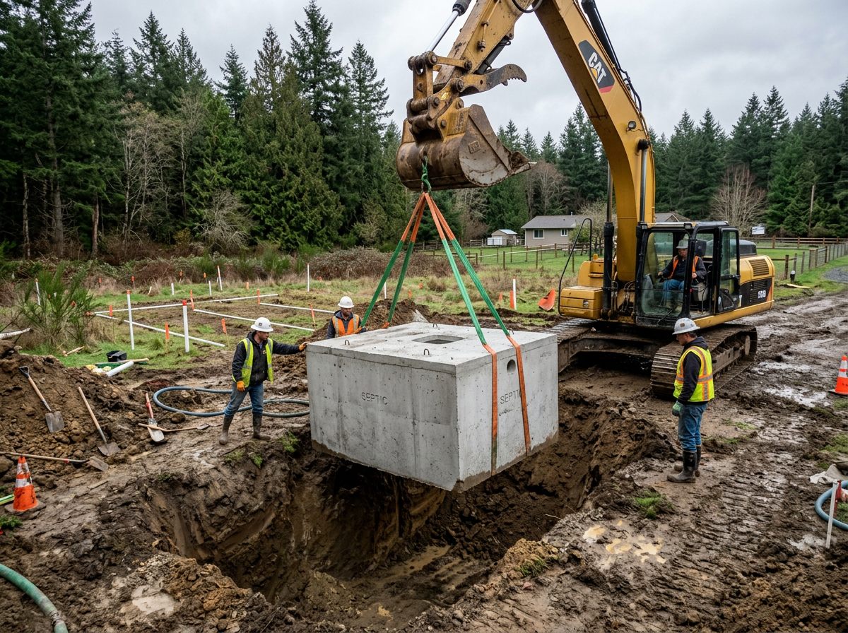 Concrete septic tank being set