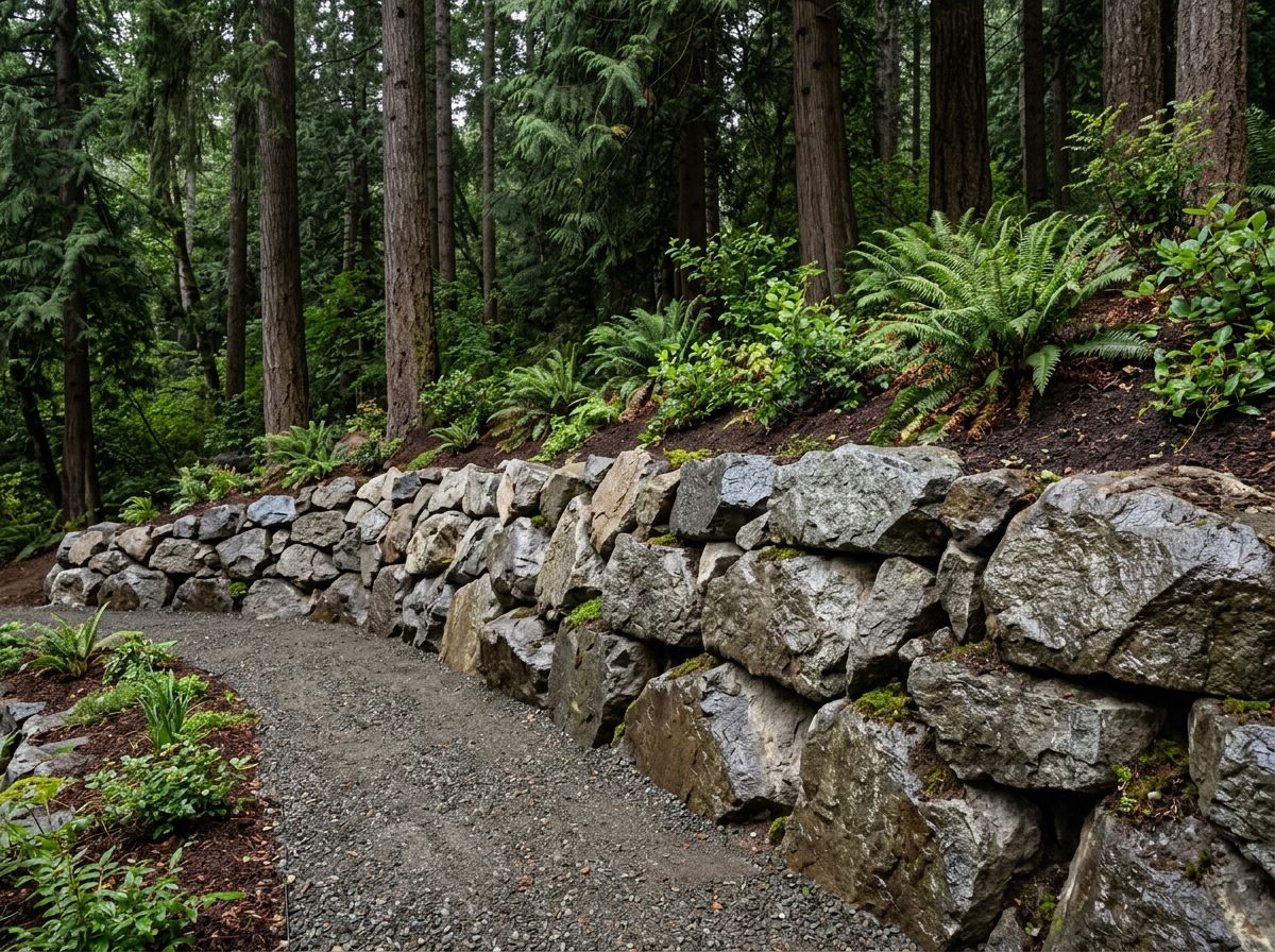 Rockery boulder retaining wall holding back a hillside